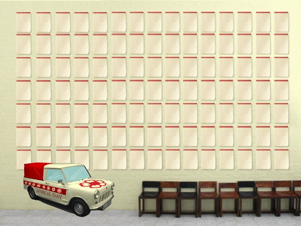 A cream-colored wall displays a grid of blank white rectangular cards, each bordered by a thin red line. Below the grid, a cream-colored vintage-style van with a red canopy and a red flower design on its side is parked to the left. Beside the van, a row of dark brown wooden chairs with black cushions is arranged neatly. The floor is a light gray color.