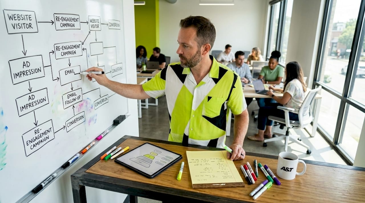 Marketer mapping retargeting strategy on whiteboard