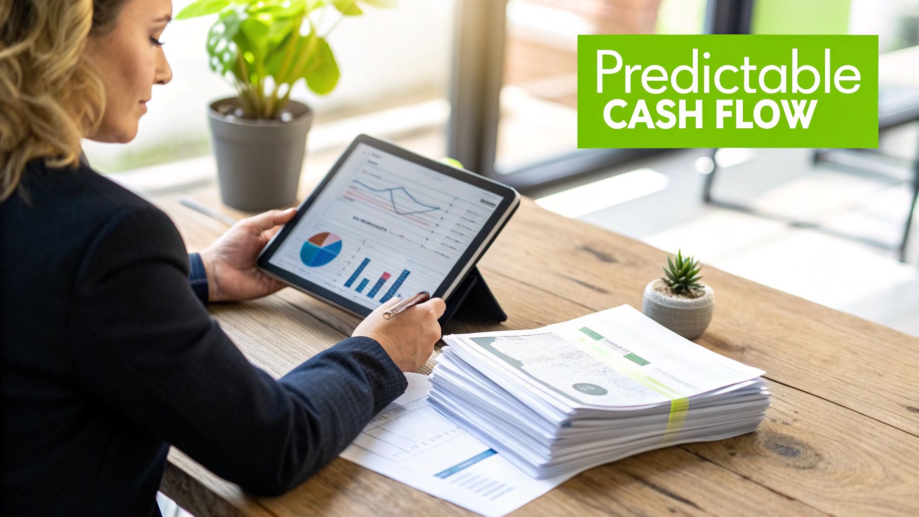 A businesswoman analyzes financial reports and charts on a digital tablet at her office desk, with a stack of papers nearby.