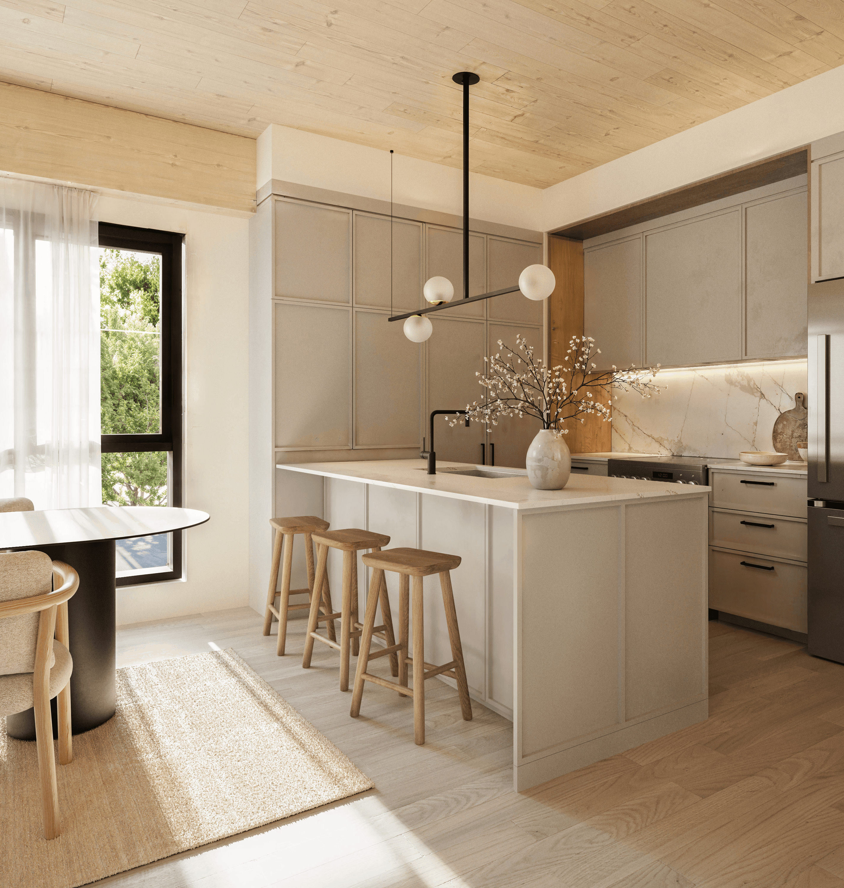 Cuisine innovante en bois massif et quartz.