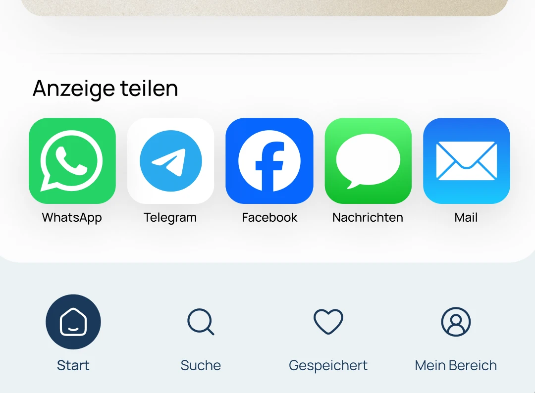 Bildschirmaufnahme aus der exitus App, auf der die Teilen Optionen, wie WhatsApp, Facebook oder Mail ausgewählt werden können
