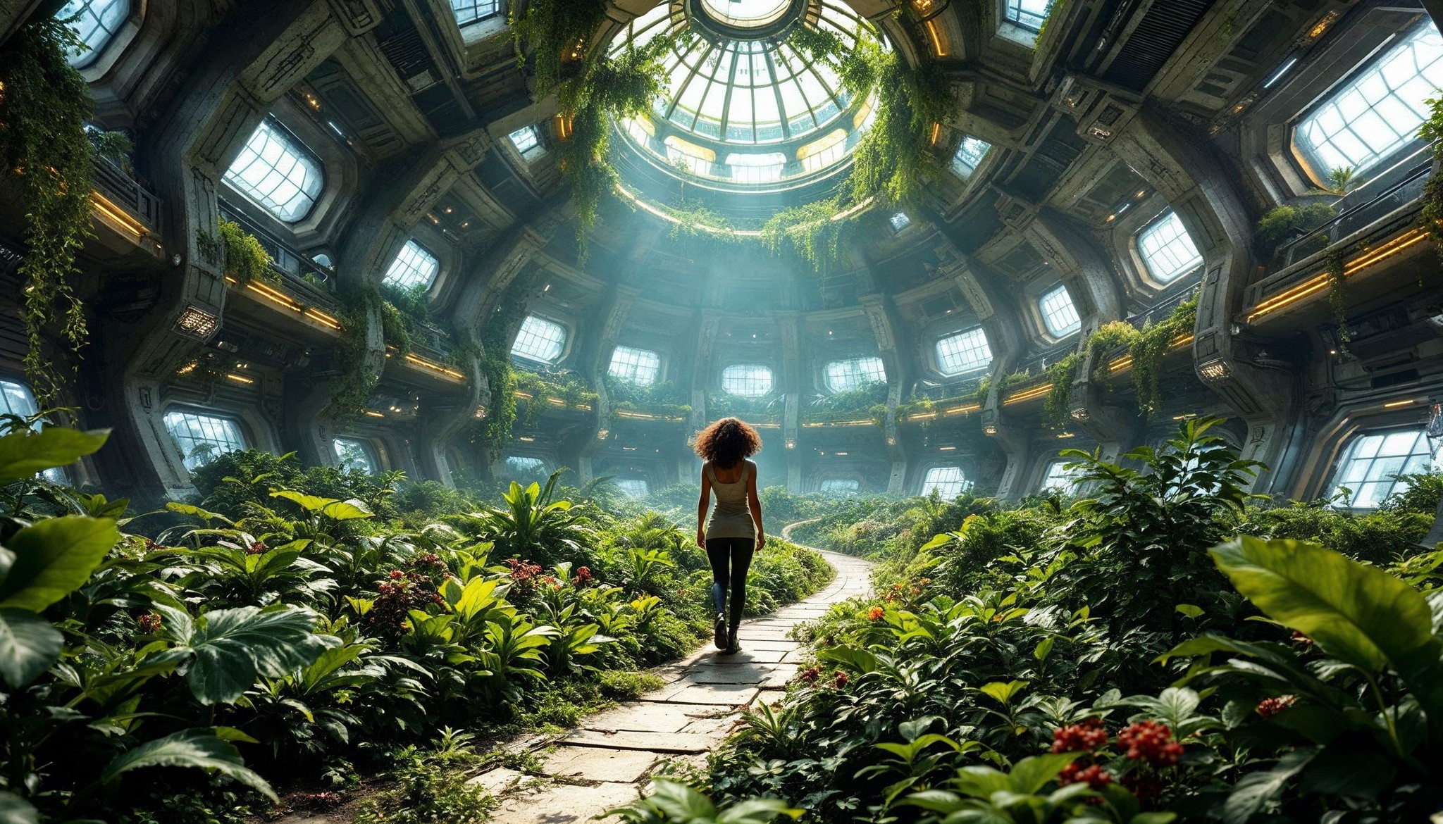 A person with curly hair walks on a stone path through a lush greenhouse. Sunlight streams from the glass dome overhead, illuminating various green plants and flowers. The setting is futuristic and serene.