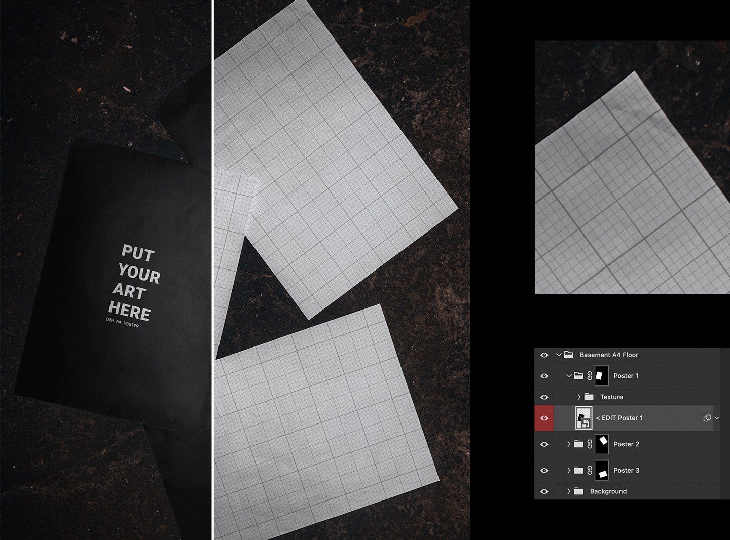 Detail view of the Photoshop smart object layers for the basement floor A4 poster mockup