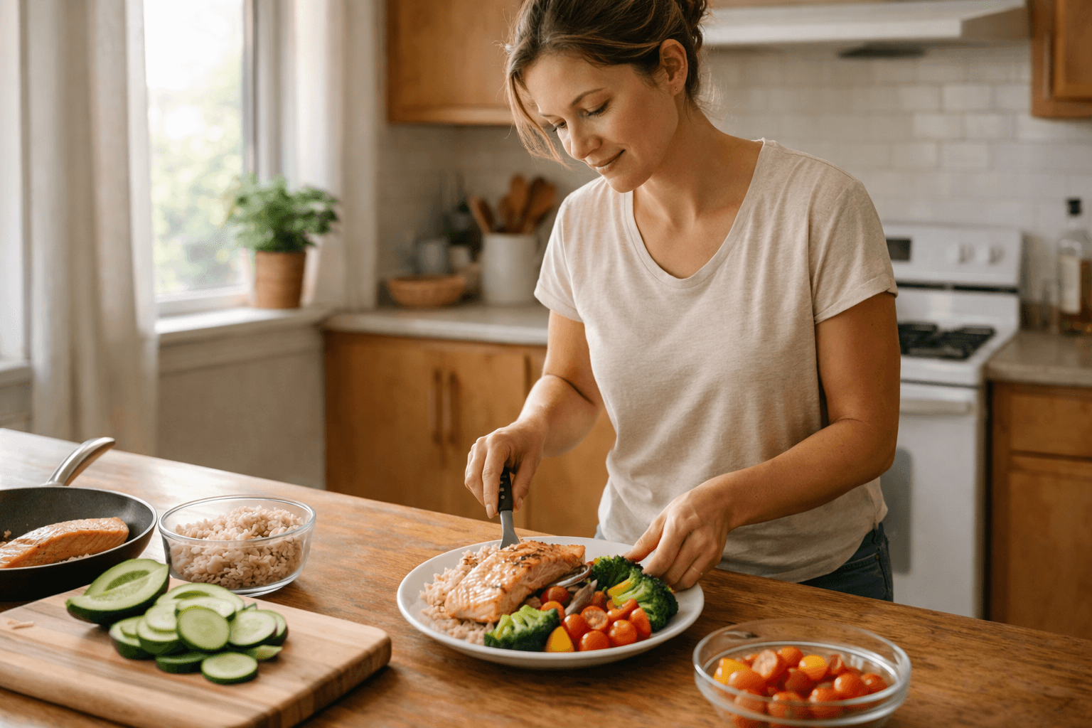 Woman in her 30s preparing a balanced protein-rich meal — addressing changing nutritional needs for muscle, bone and energy