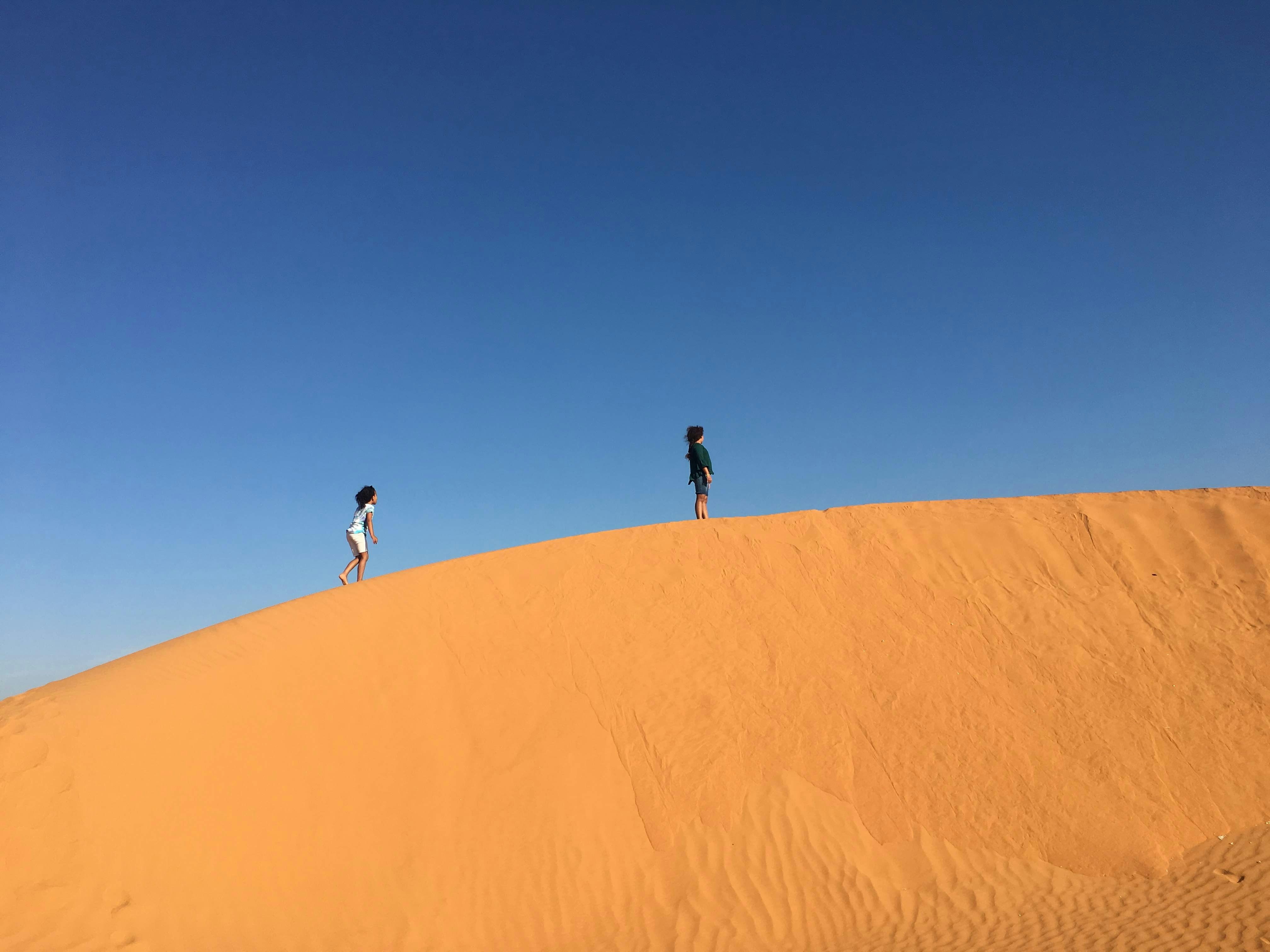 Two people standing on a sand dune.