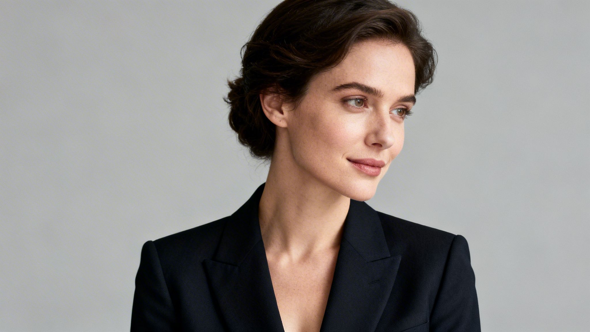 Nahaufnahme einer eleganten Frau in einem dunklen Blazer, die leicht lächelt und zur Seite blickt.