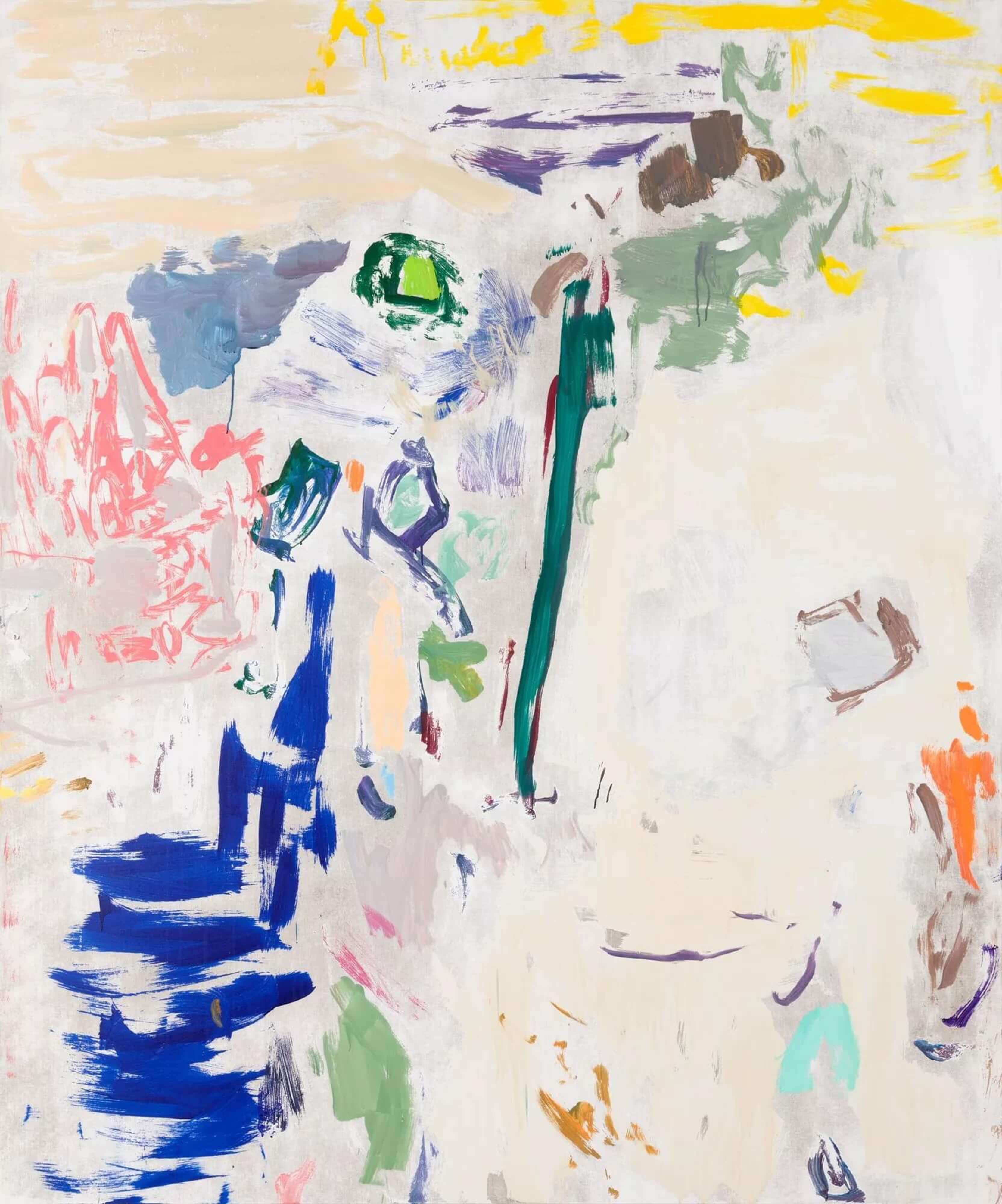 Large abstract painting with sweeping pastel strokes of blue, yellow, green, and neutral tones on a light canvas.