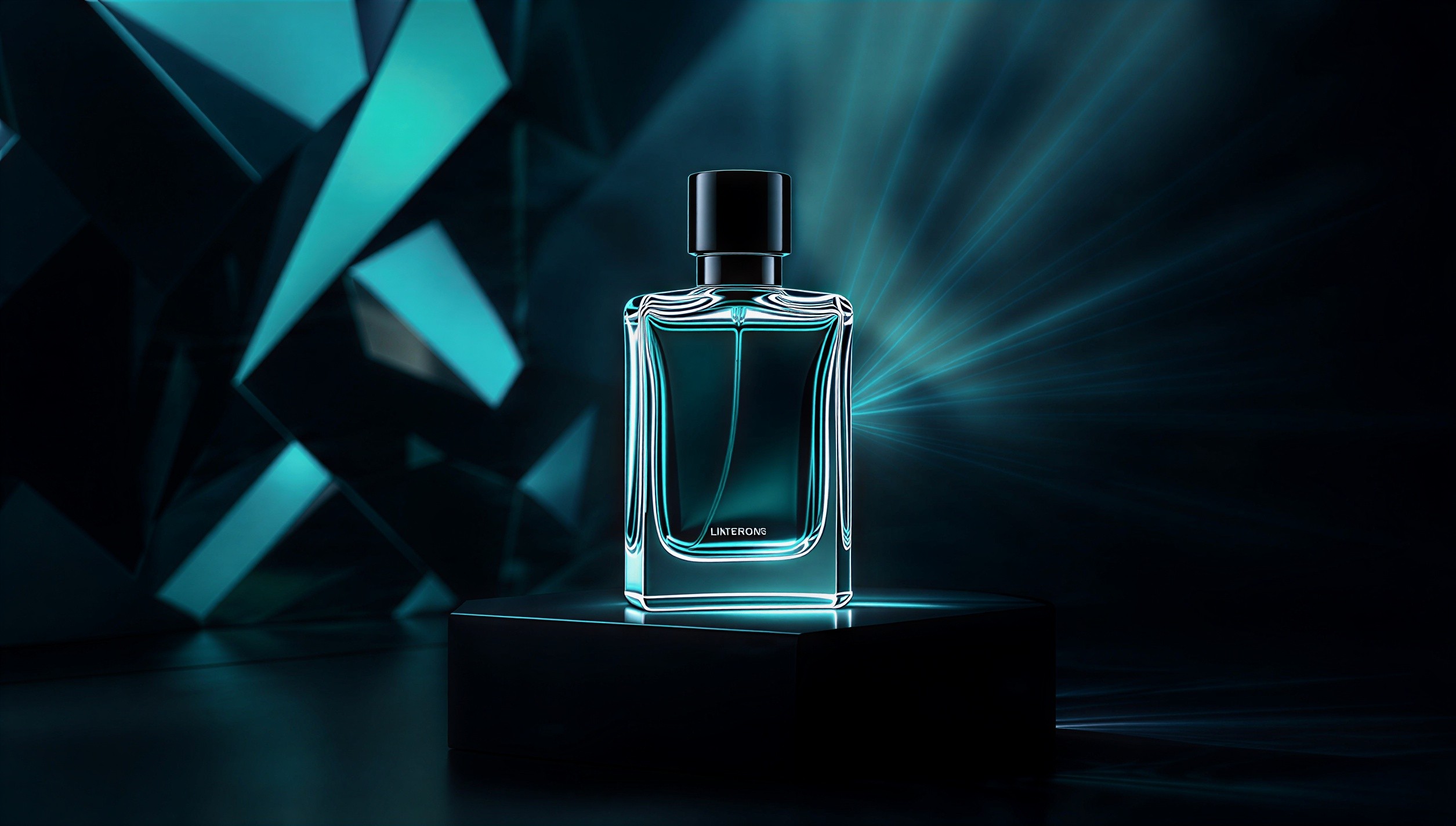 Dramatic product shot of a rectangular clear glass perfume bottle filled with vibrant turquoise liquid, black cap, branded "LIVTCRGME" on the front, dramatically illuminated by sweeping cyan and teal light beams against a dark geometric crystalline backdrop.