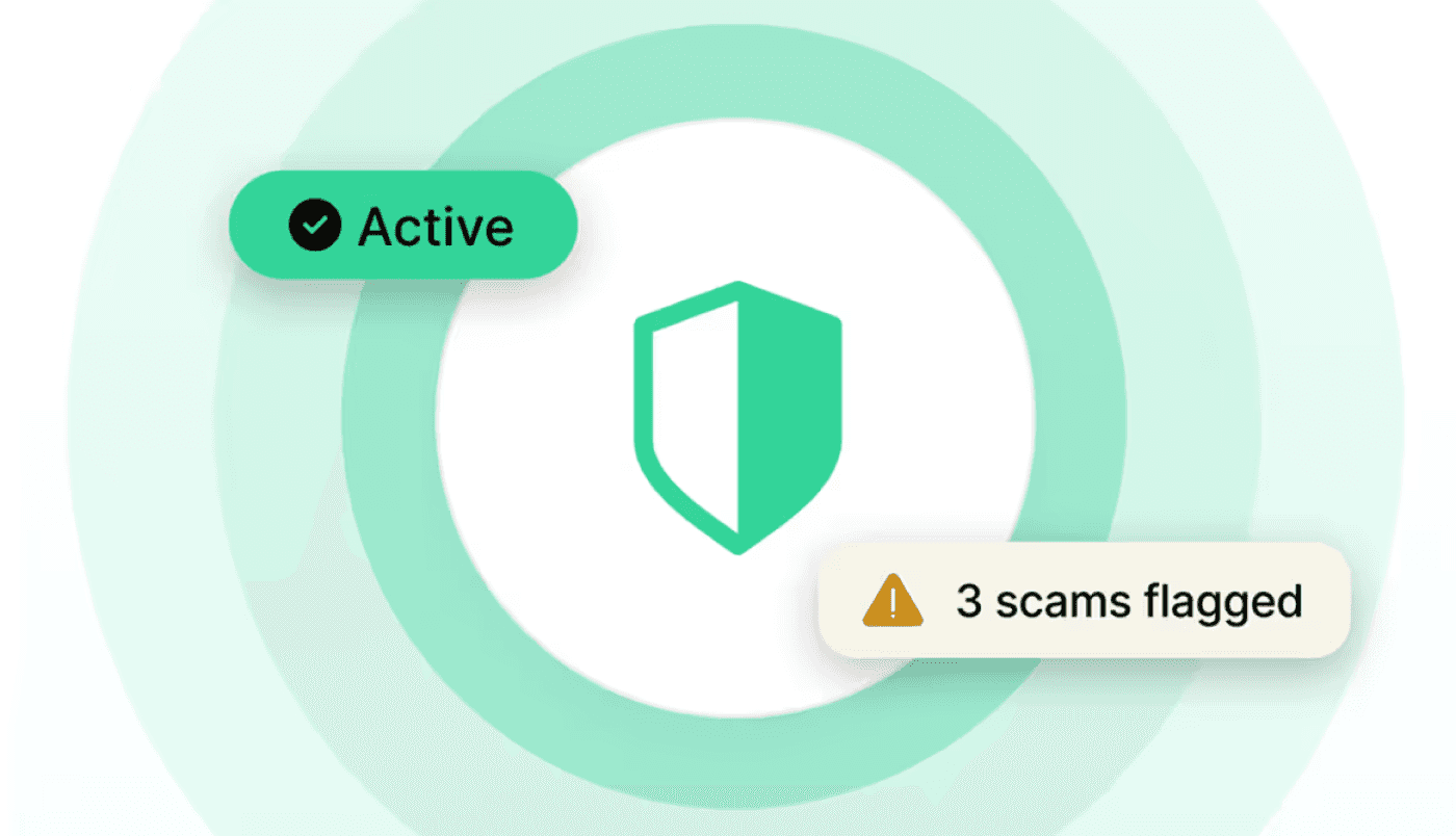 Illustration of a scam shield icon showing it is active, with three scams flagged.