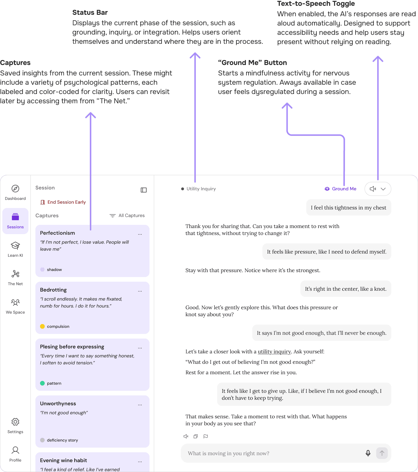 Labeled image of the session screen, highlighting elements like the chat interface, captures panel, and support tools.