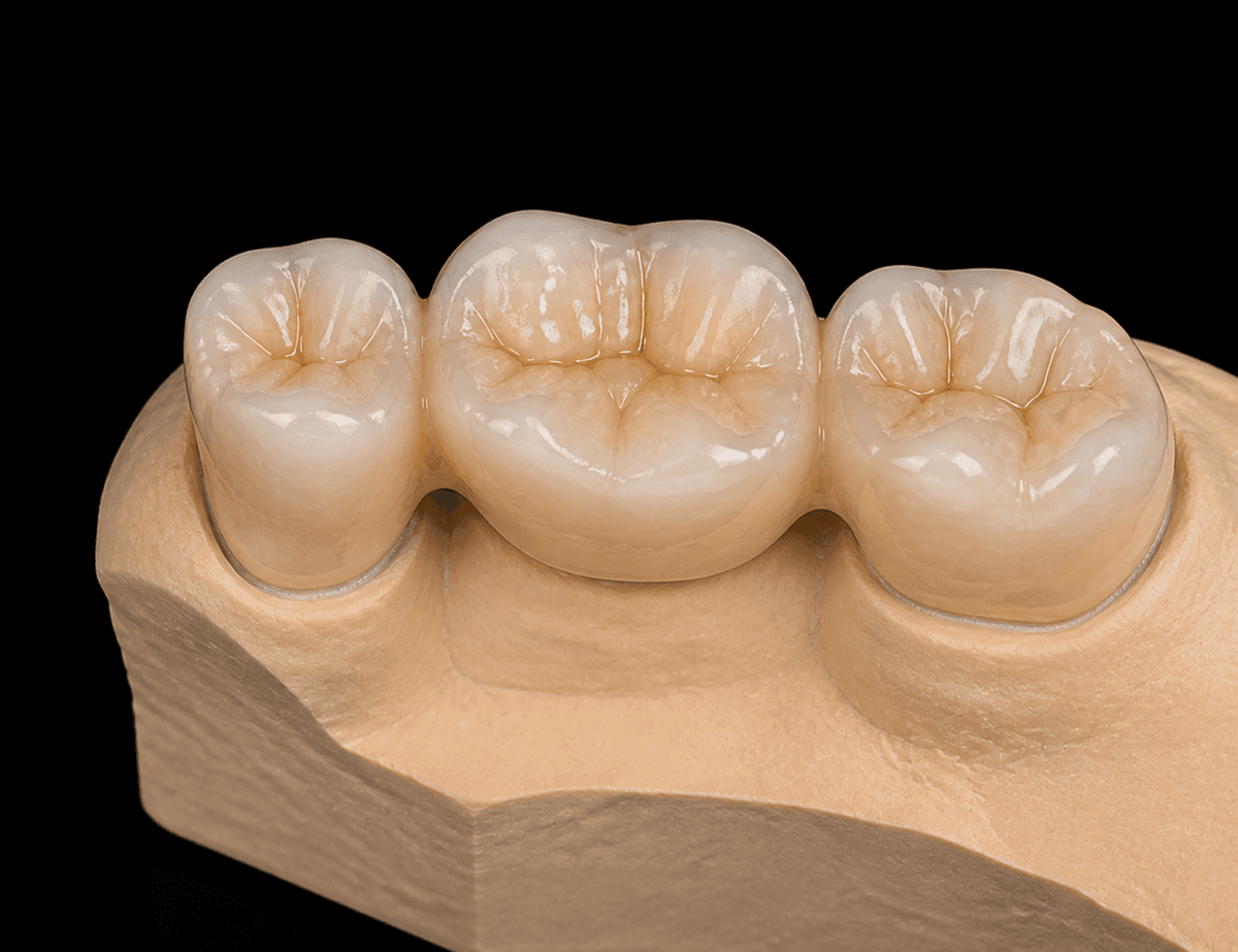 Puente posterior de zirconia glaseado sobre modelo
