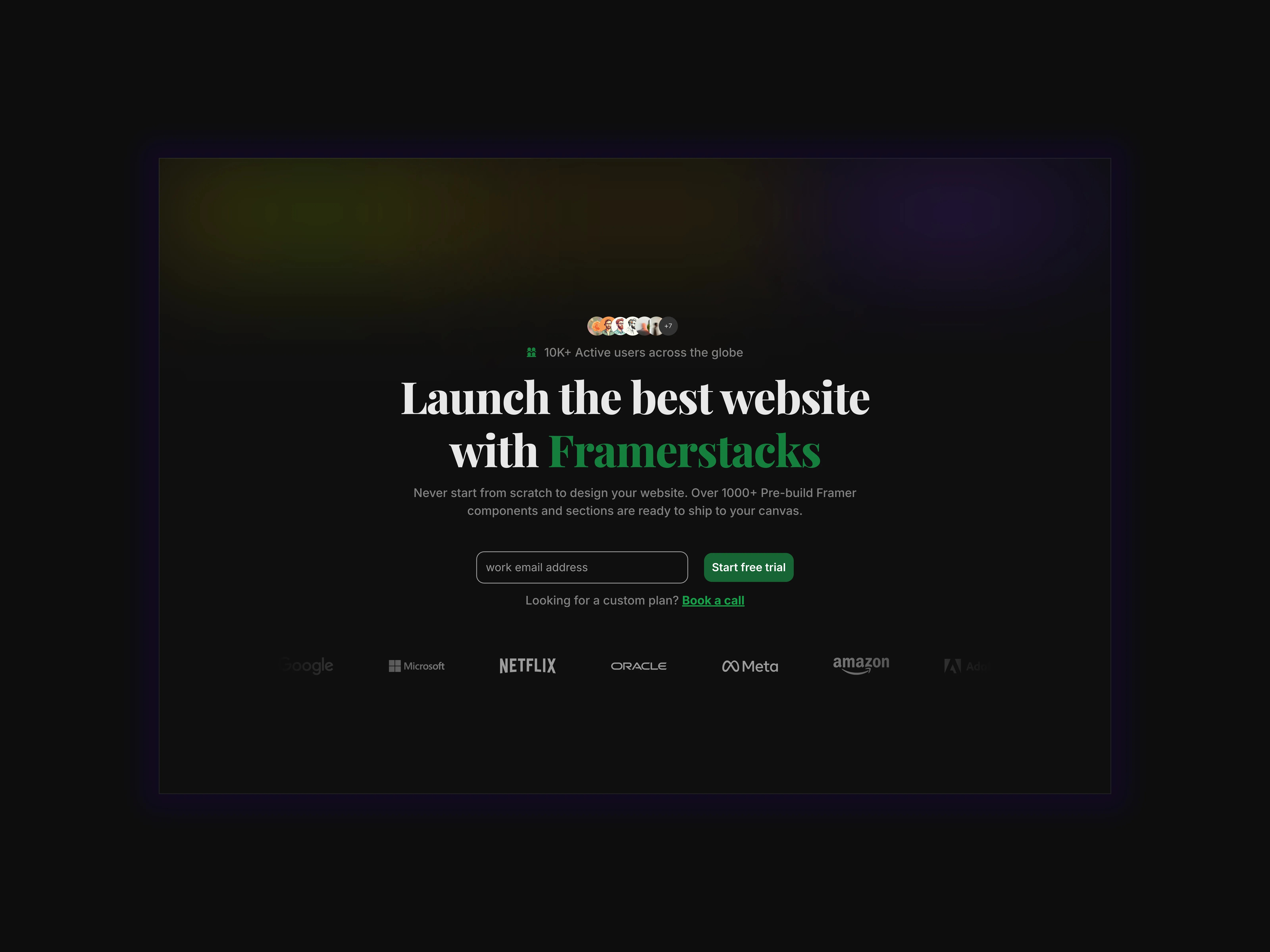 A dark themed hero section with H1 tag, email input field, book a demo call link and animating brand logo. The whole interface is optimized for desktop and tablet devices.