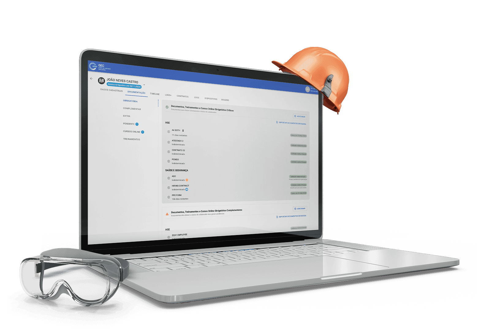 Tela do laptop exibindo a plataforma GEC da GAP Sistemas para gestão de terceiros, com foco na documentação de um colaborador,