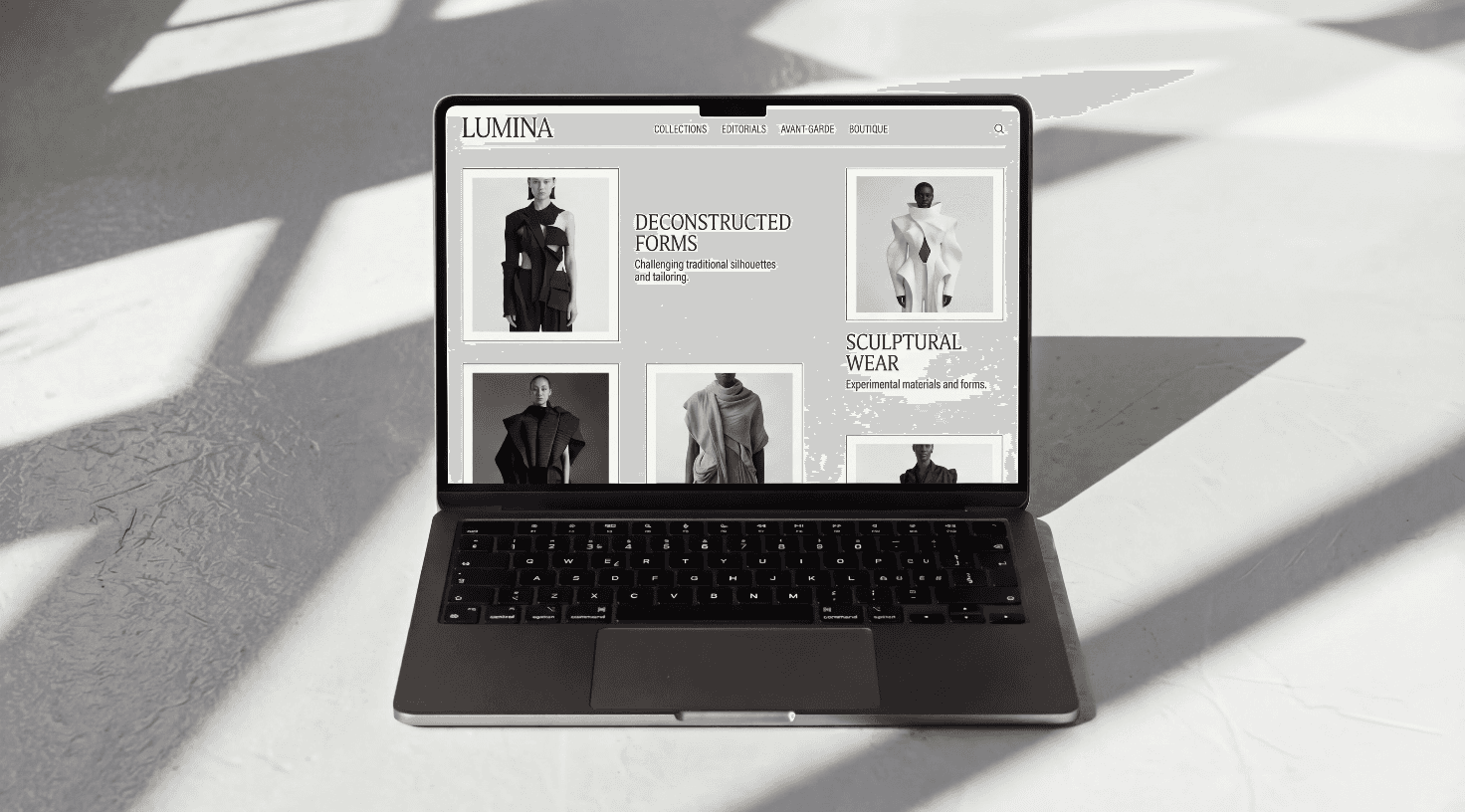Fashion website Lumina with deconstructed and sculptural wear.