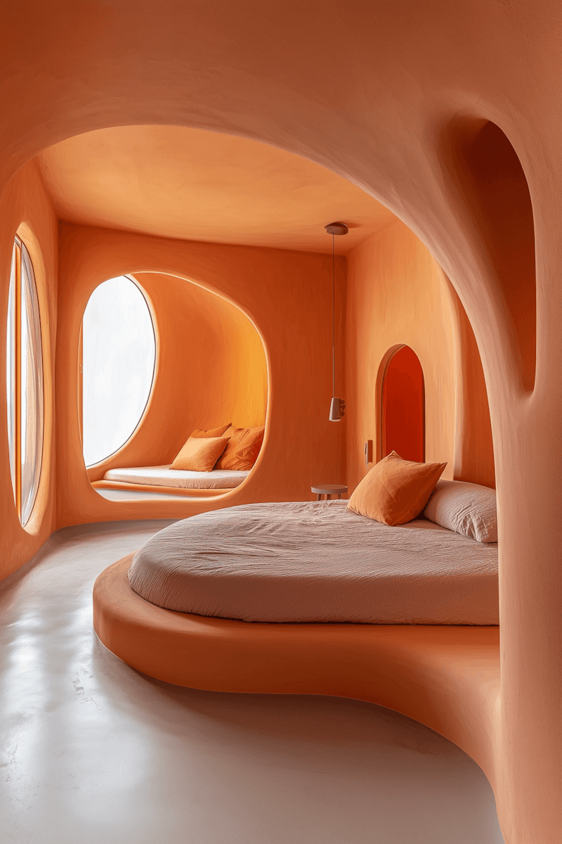 A cozy, modern bedroom with curved orange walls, a round bed, and a built-in seating nook by large, irregularly shaped windows.