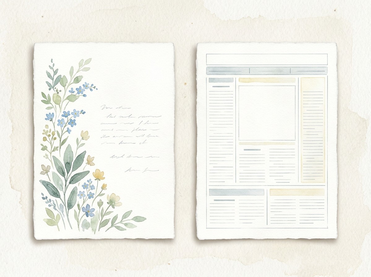 Watercolour of a floral announcement card beside a dense newspaper notices page, contrasting private wording with published form.