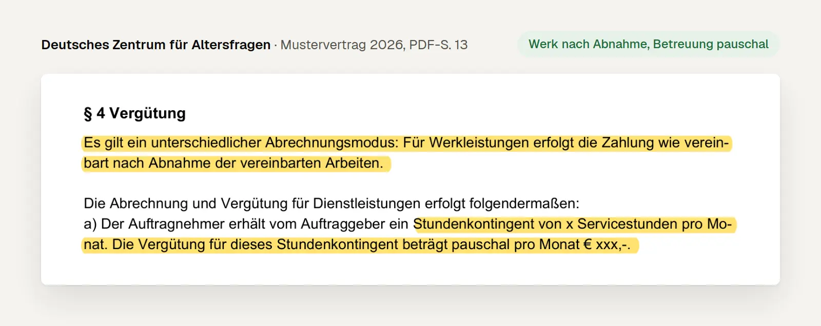 Ausschnitt aus dem Mustervertrag des Deutschen Zentrums für Altersfragen 2026: Werkleistung nach Abnahme, Betreuung als monatliches Stundenkontingent
