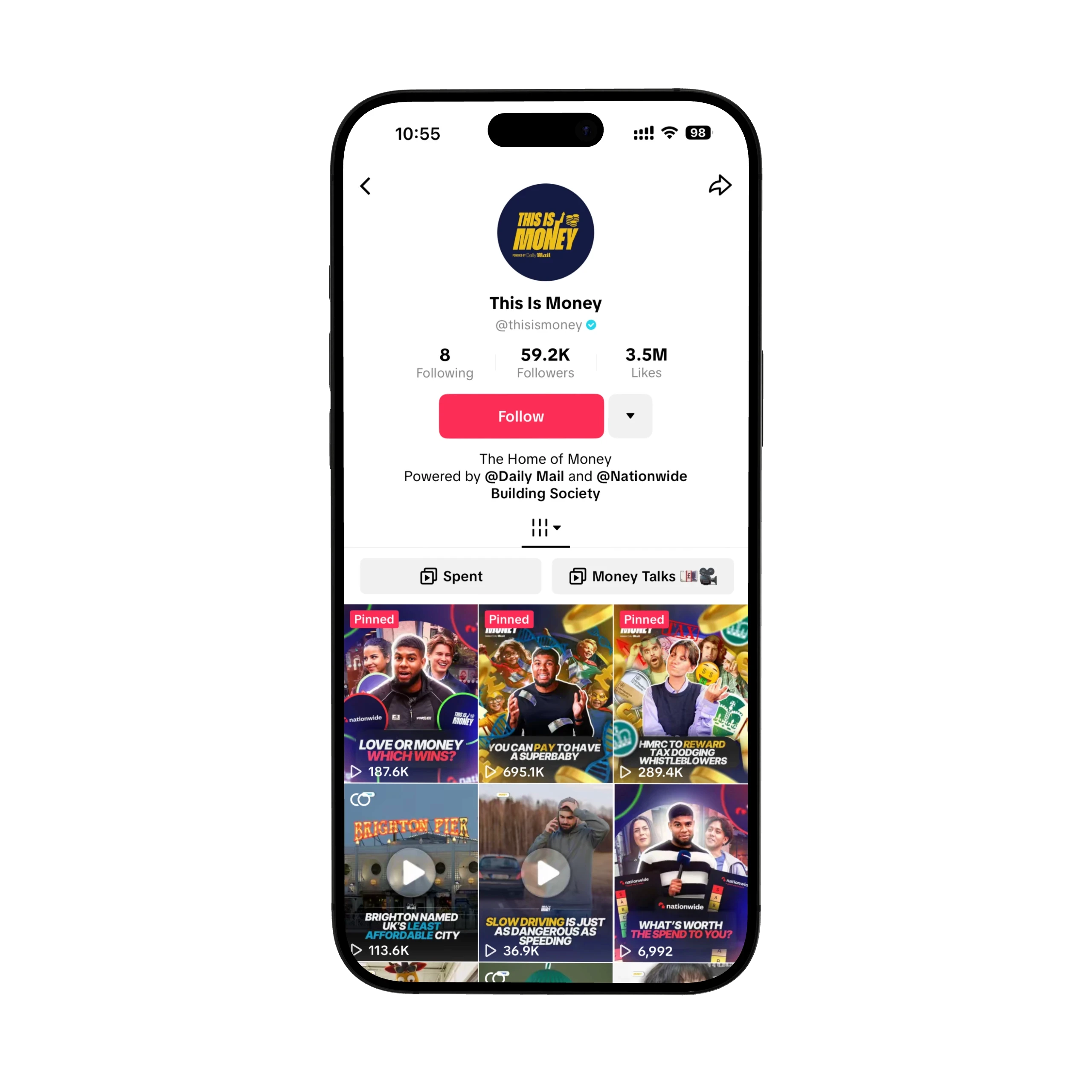 Screenshot of This Is Money TikTok profile with 59K followers, showcasing finance videos about spending, savings, and money advice powered by Daily Mail and Nationwide.
