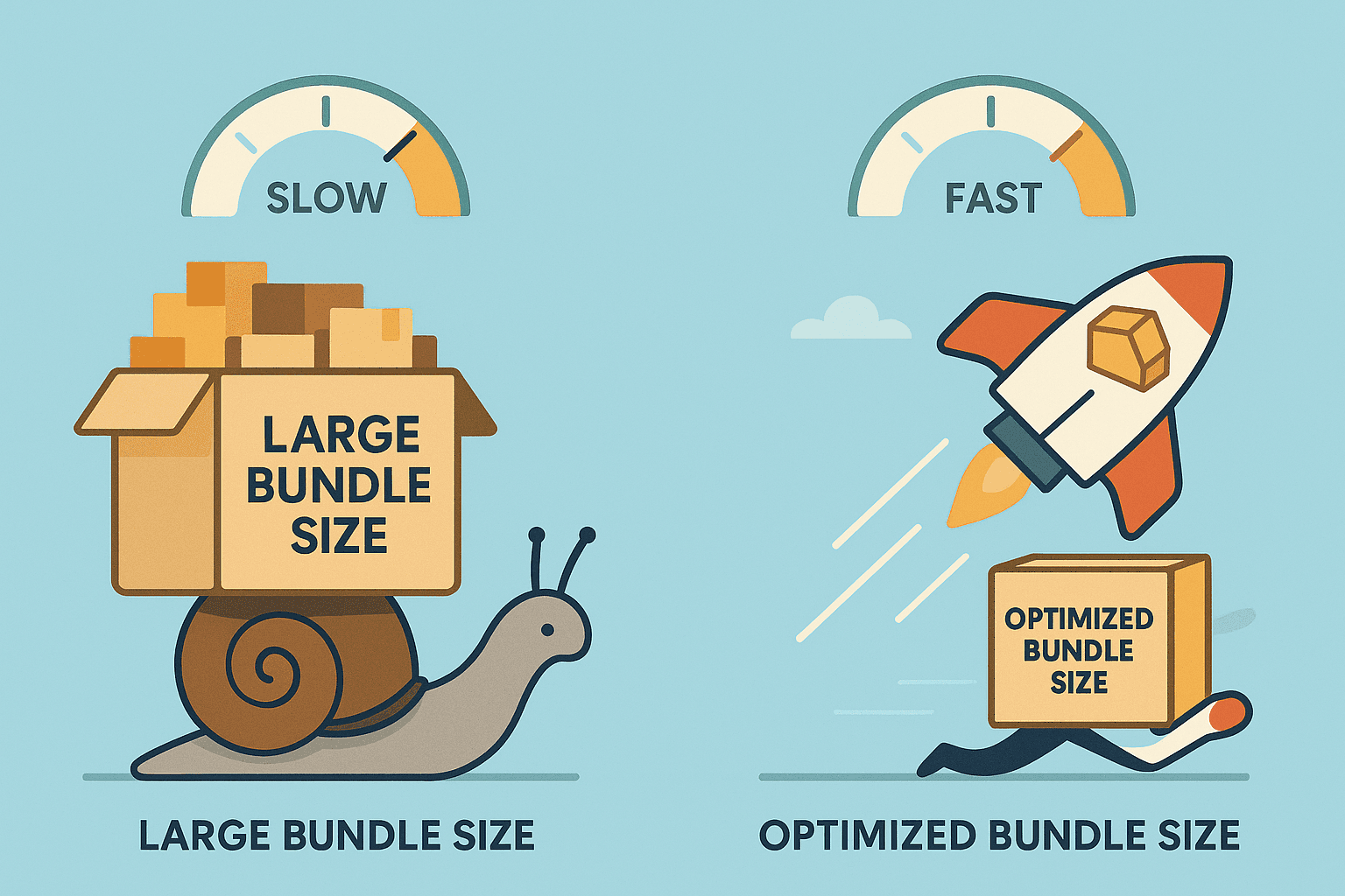 Landscape vector illustration comparing large and optimized bundle sizes — a snail carrying a heavy box labeled 'Large Bundle Size' with a slow gauge, versus a rocket and runner carrying a compact 'Optimized Bundle Size' with a fast gauge