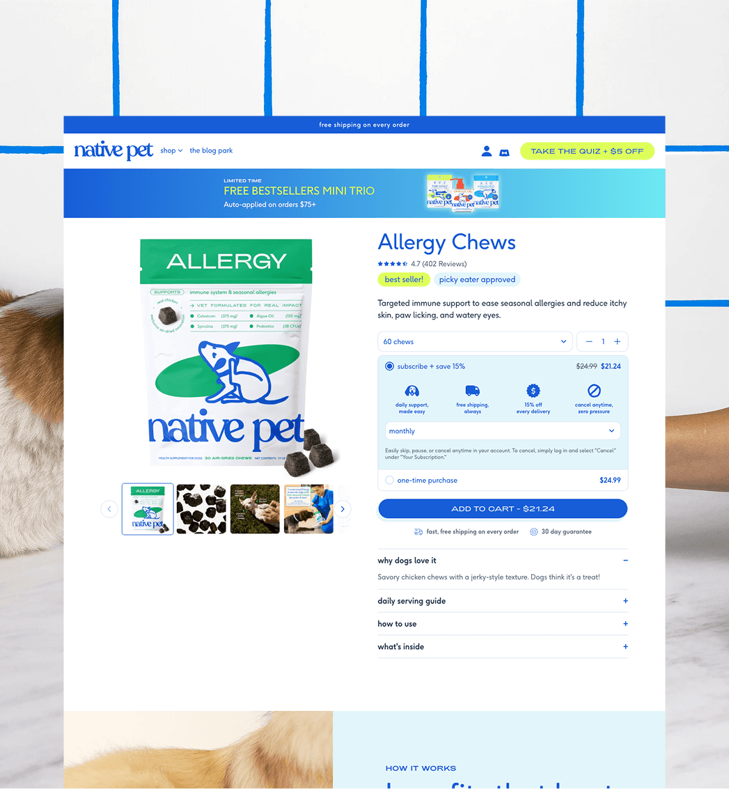Native Pet Shopify product detail page featuring supplement benefits and subscription options