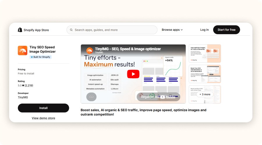 Shopify App Store listing for TinyIMG SEO speed image optimizer