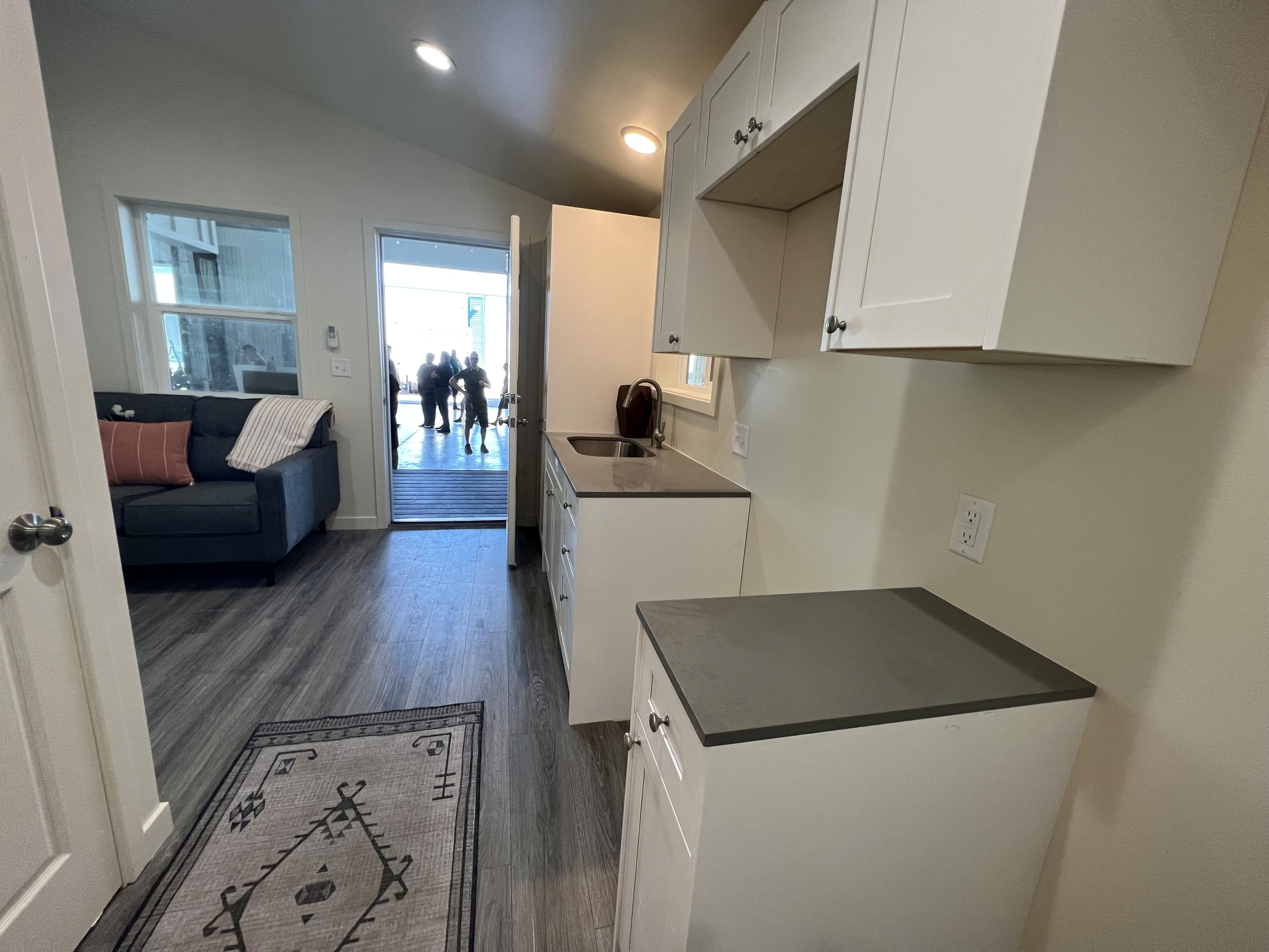 Modular home kitchen and living room.