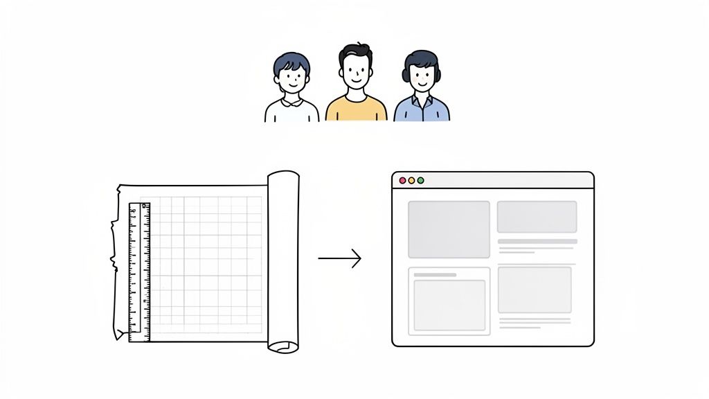 Illustration showing three people and the process of designing a website from paper wireframe to digital layout.