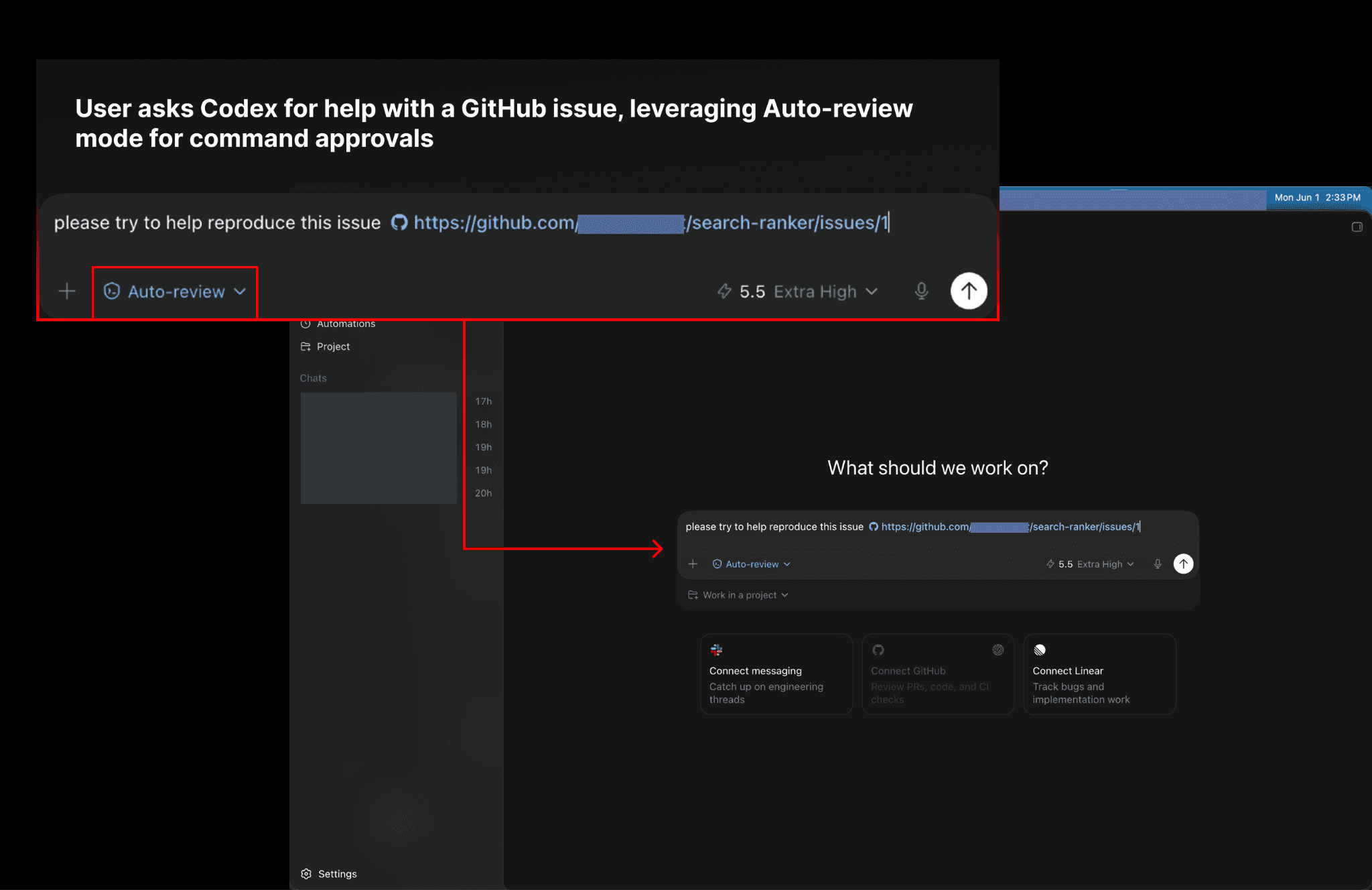 User asks Codex with Auto-review for help with a GitHub issue