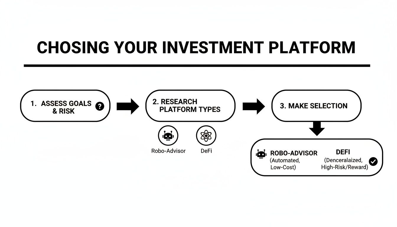 Flowchart illustrating steps for choosing an investment platform, comparing Robo-Advisor and DeFi options.