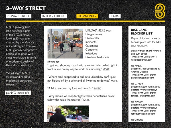 A screenshot of a website or app displaying information about bike lanes on 3-Way Street. The left side shows text describing 3-Way Street as a growing bike lane network with plans to modernize street smarts. The right side features a photo of a bike lane with text describing its features, including "danger zones," "close calls," "incidents," "questions," "concerns," "irritations," and "bike lane bad spots." The bottom right corner includes contact information for NJ KP8LI, NY 23HIUJY, and NJ NKO901.