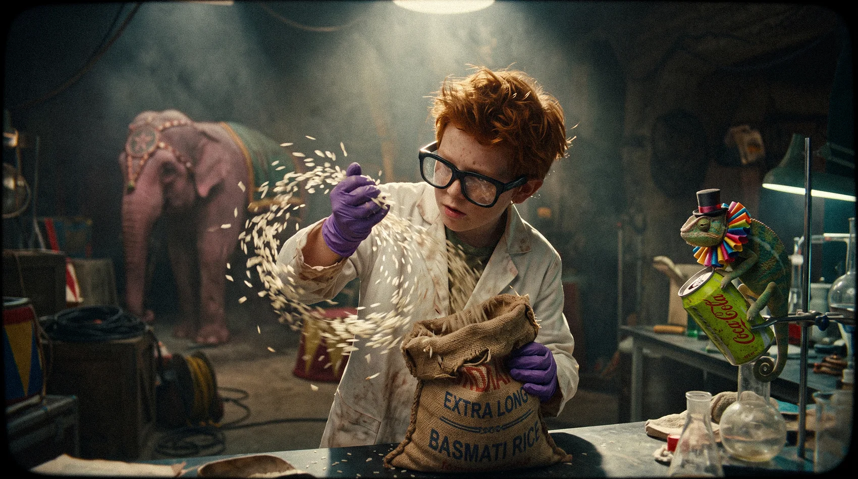 Red-haired boy scientist in lab pouring basmati rice sack with surreal circus elephant and chameleon with top hat - AI content fail