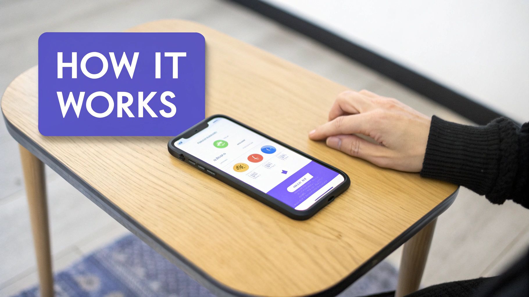 A smartphone displaying an application on a wooden table with a hand and a 'HOW IT WORKS' graphic.