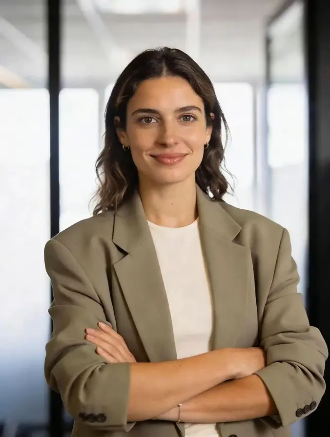 Woman wearing a beige blazer smiling against a light backdrop