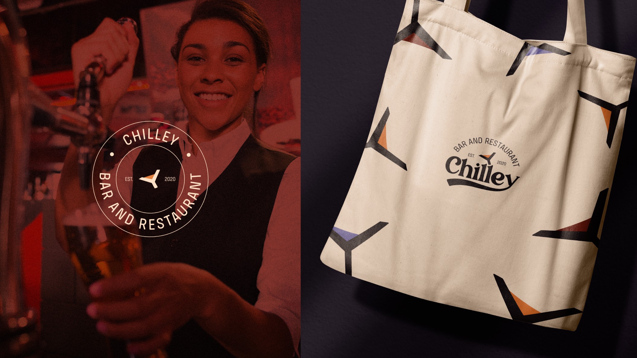 A side-by-side view of a smiling woman pouring a drink and a cream-colored tote bag with a martini glass pattern.