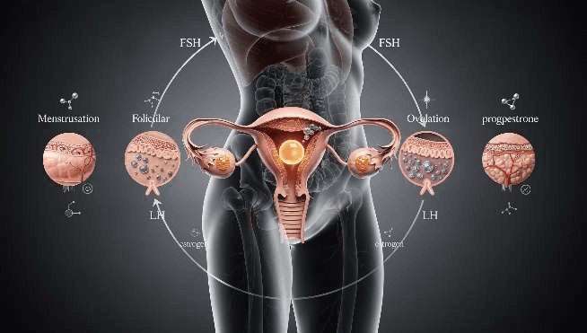 Schematische Darstellung des weiblichen Hormonsystems mit Gebärmutter, Eierstöcken und Zyklusphasen inklusive Eisprung sowie FSH- und LH-Hormonsteuerung
