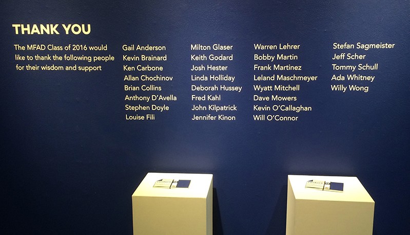 thank you list of the venture 16 exhibition and two small pedestals with flyers on them