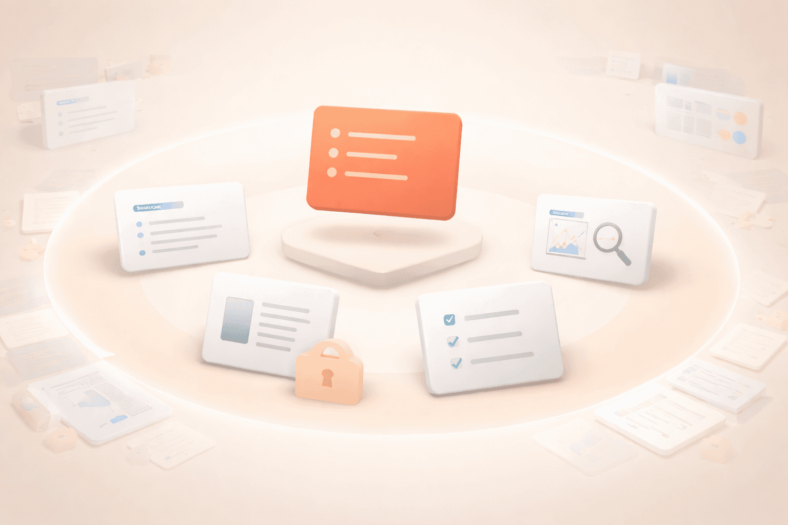 Minimalistische 3D-Illustration mit einer schwebenden korallfarbenen Fokuskarte im Zentrum, umgeben von geordneten Karten für Zusammenfassung, Dokumententwurf, Recherche und Aufgabenliste. Im äußeren Bereich schweben transparente Fragmente von E-Mails, Notizen und Datenfeldern, die sich zum Zentrum hin strukturieren, während einzelne geschützte Elemente nahe der Mitte die Aufgaben symbolisieren, bei denen der Gründer selbst die Kontrolle behält.