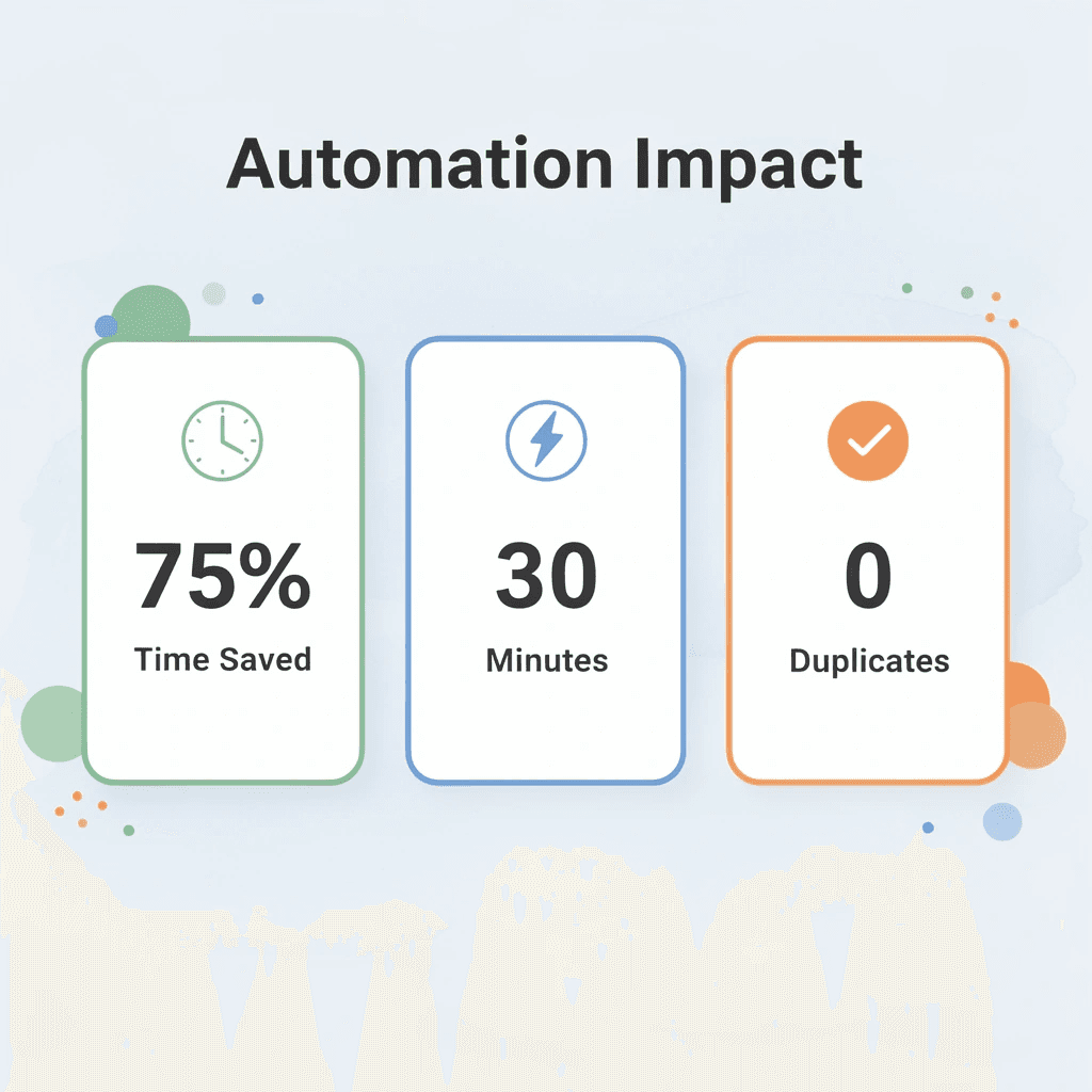 Statistics showing automation benefits: 75% time saved, 30 minutes, zero duplicates