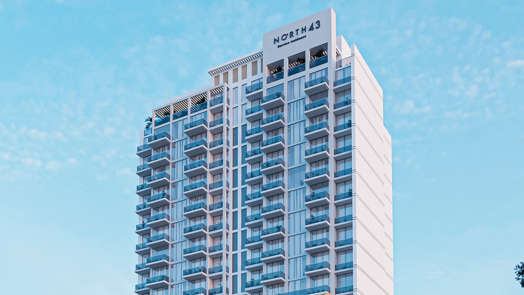 A sleek modern building depicted with a car driving by, marked with the text "North 43."