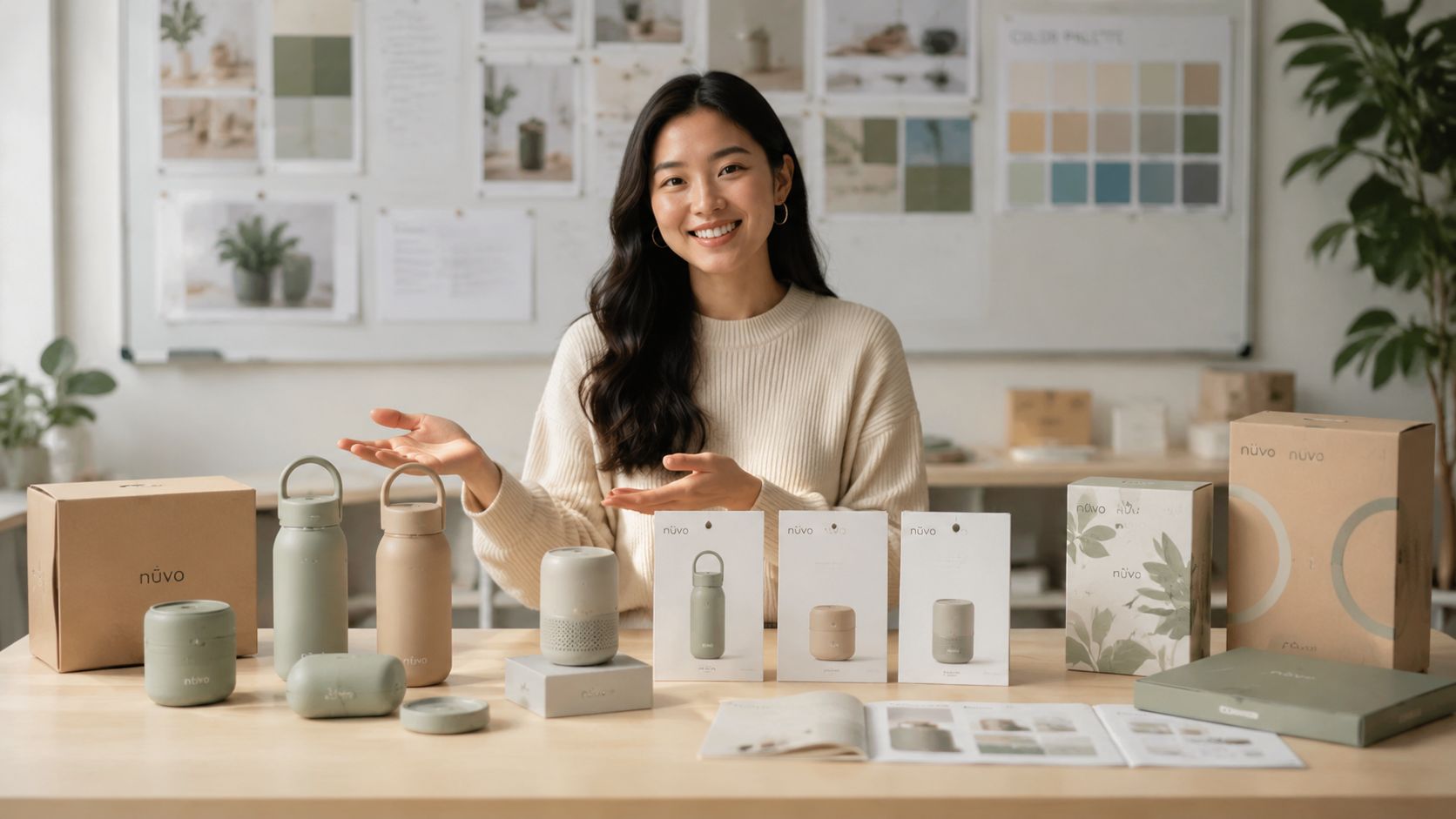 A woman presenting various nuvo brand eco-friendly products in a studio with muted color palettes displayed background.