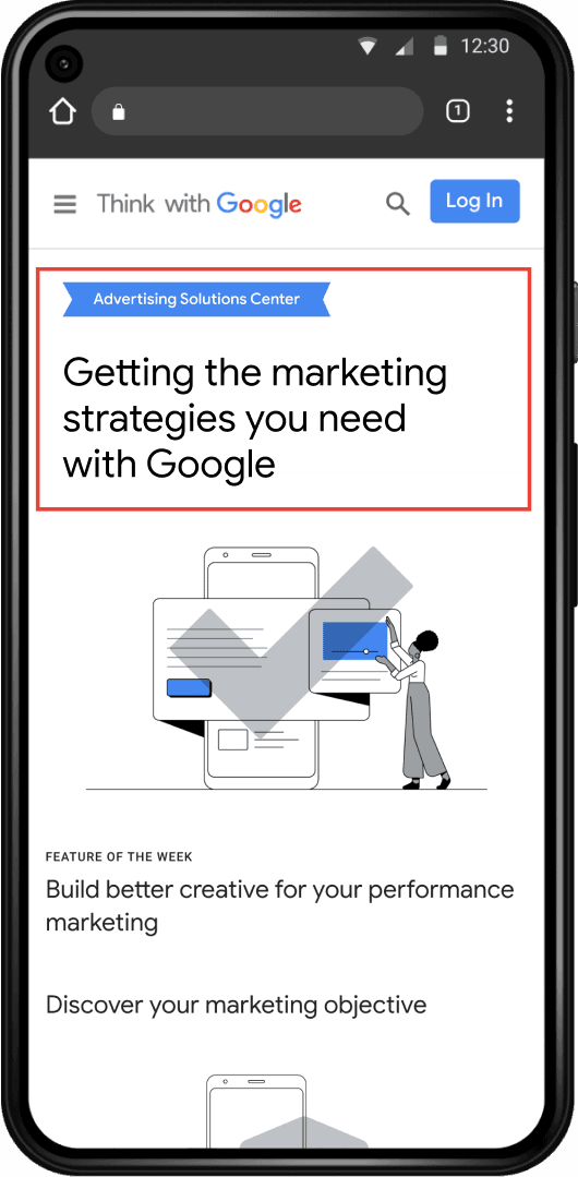 Mobile screen display of the Think with Google home page