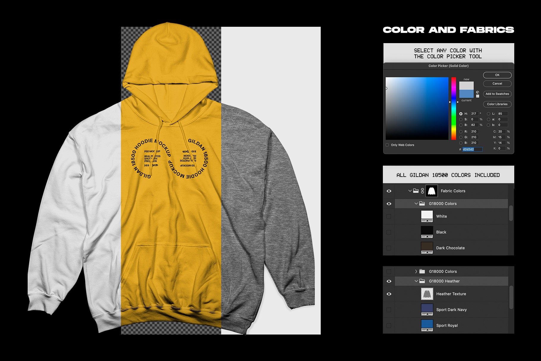 Gildan 18500 Hoodie Wrinkled mockup fabric color options with Photoshop controls