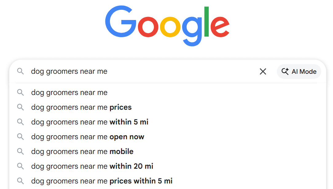 A google web search for "dog groomers near me"