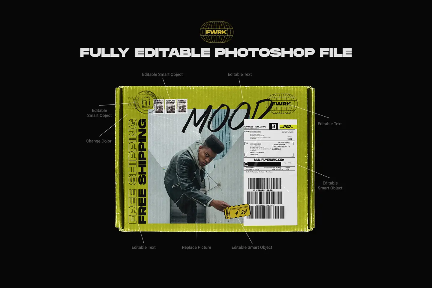 Carton box delivery mockups displayed on smartphone screens for social media marketing