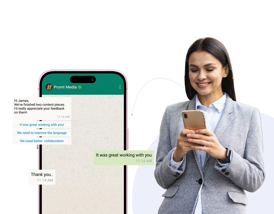 Digital illustration of a WhatsApp chat on a mobile phone screen, showing a conversation and   A woman in a grey blazer smiles and looks at a gold smartphone, with a chat bubble mirroring the one on the larger phone screen