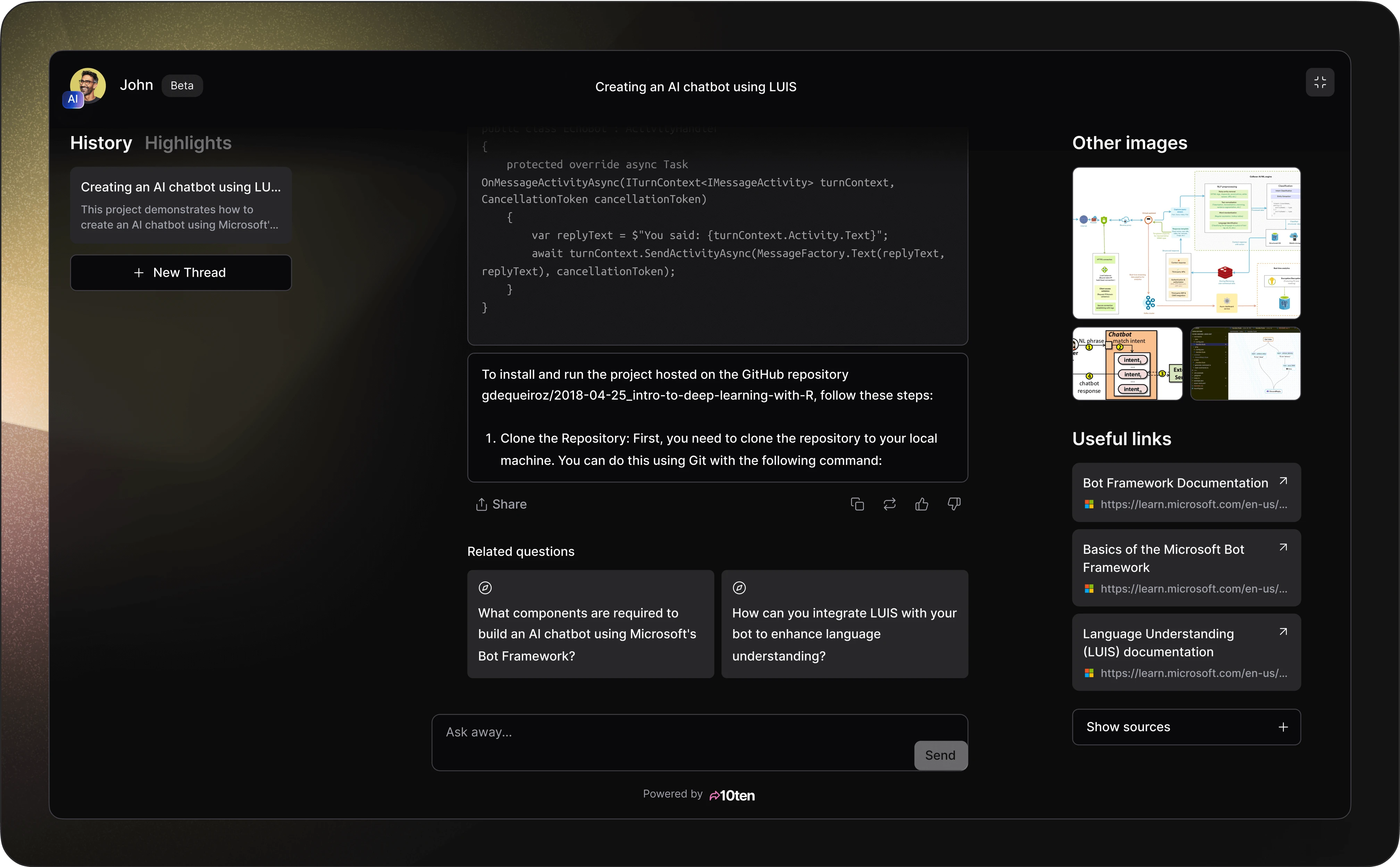 A dark-themed AI widget interface demonstrating the creation of an AI chatbot using LUIS, with code snippets, steps, related questions, and useful links.