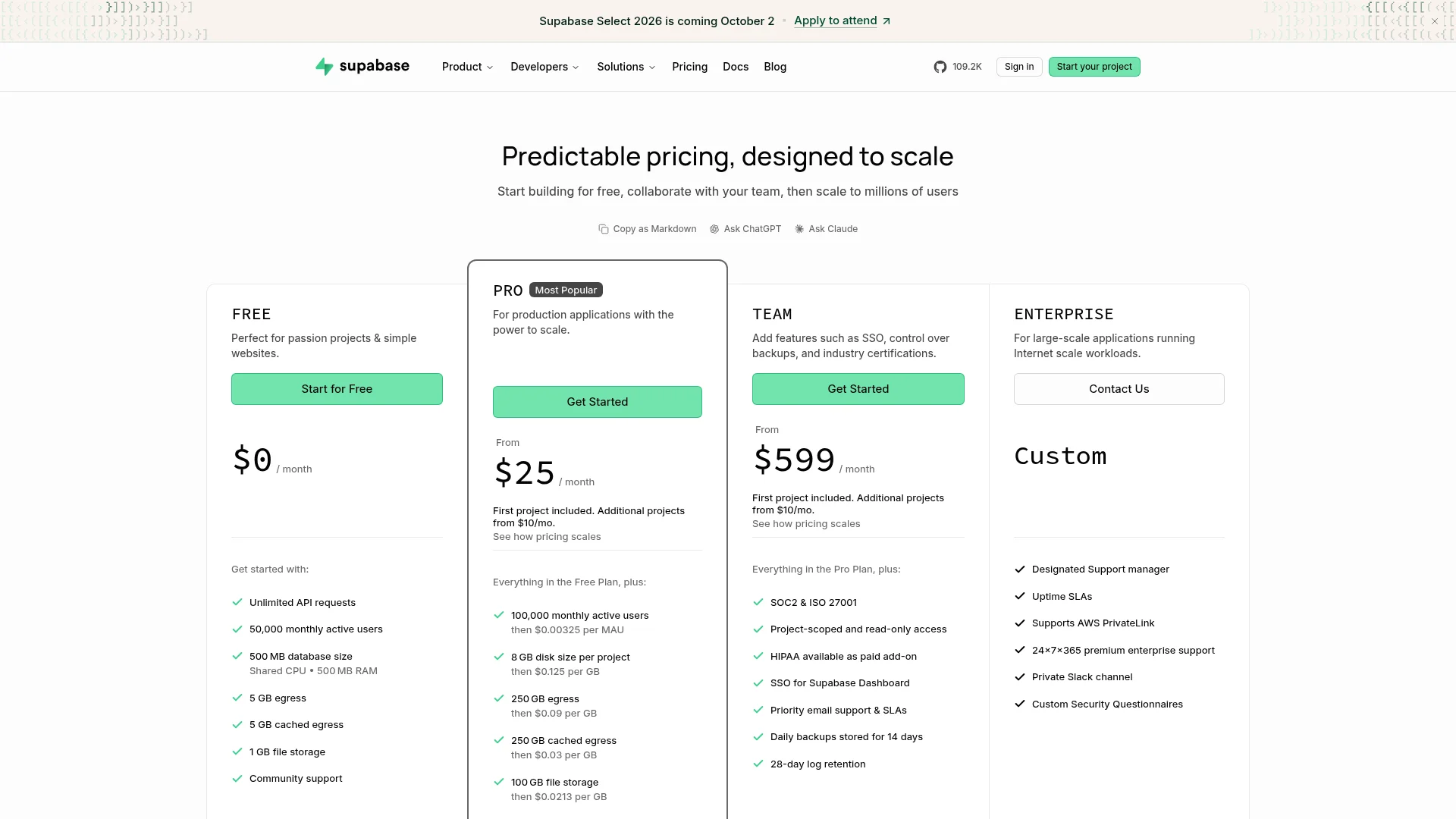 Screenshot of the Supabase pricing page showing compute add-on instance sizes and monthly costs