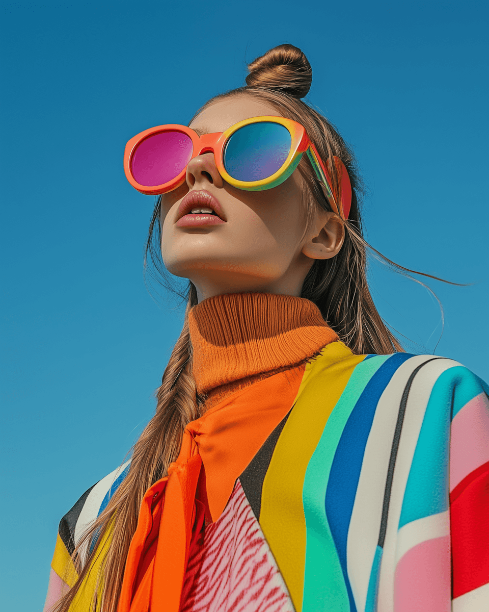 A woman gazes upward wearing rainbow-tinted oversized sunglasses, a colorful striped jacket, and an orange turtleneck. The vibrant scene is set against a clear blue sky, conveying a bold and trendy fashion statement.