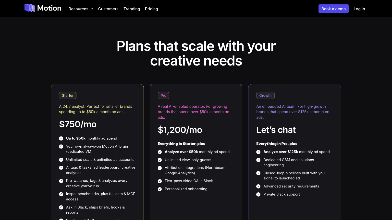 Motion pricing page showing three subscription plan tiers with feature lists and monthly costs.