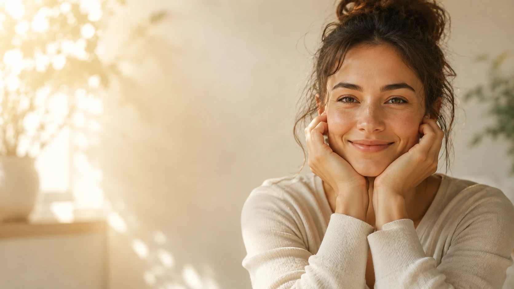 A smiling young woman resting her face in her hands.